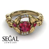 Engagement ring 14K Yellow Gold Flowers Vintage Art Deco Ruby With Diamond 