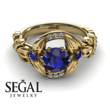 Engagement ring 14K Yellow Gold Flowers Vintage Art Deco Sapphire With Diamond 