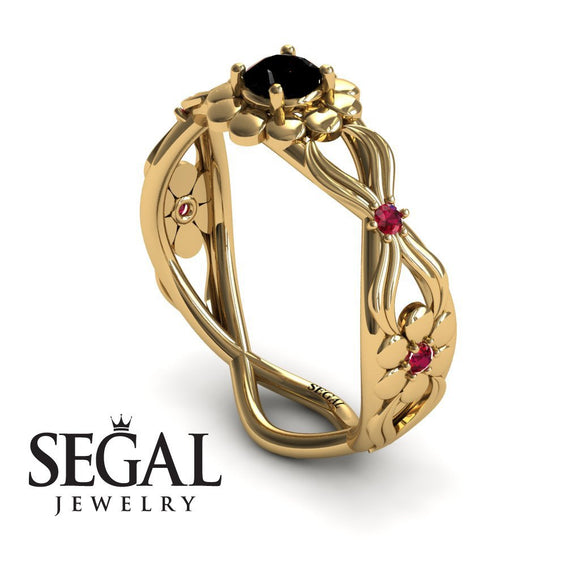Engagement ring 14K Yellow Gold Flowers Vintage Elegant Black Diamond With Ruby 