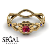 Engagement ring 14K Yellow Gold Flowers Vintage Elegant Ruby With Sapphire 