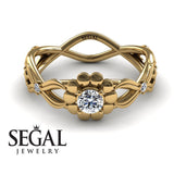 Engagement ring 14K Yellow Gold Flowers Vintage Elegant Diamond 
