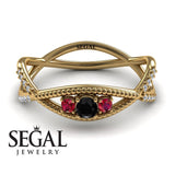 Engagement ring 14K Yellow Gold Thin Elegant Victorian Black Diamond With Ruby 