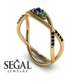Engagement ring 14K Yellow Gold Thin Elegant Victorian Sapphire With Green Emerald 