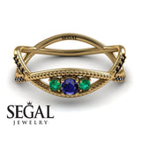 Engagement ring 14K Yellow Gold Thin Elegant Victorian Sapphire With Green Emerald 