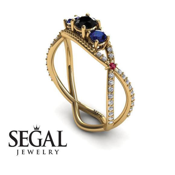 Engagement ring 14K Yellow Gold Vintage Elegant Black Diamond With Sapphire 