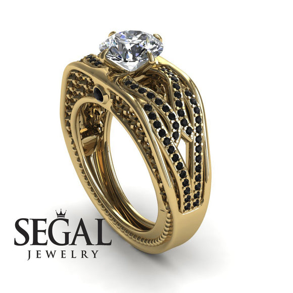 Engagement ring Diamond ring 14K Yellow Gold Vintage Antique Diamond With Black Diamond 