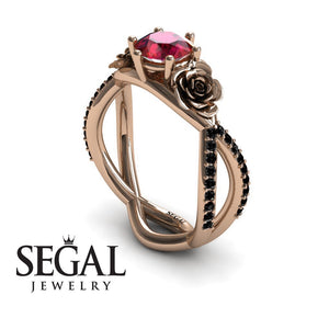 Engagement ring Rose 14K Rose Gold Rose Flowers Vintage Elegant FiligreeRuby With Black Diamond 