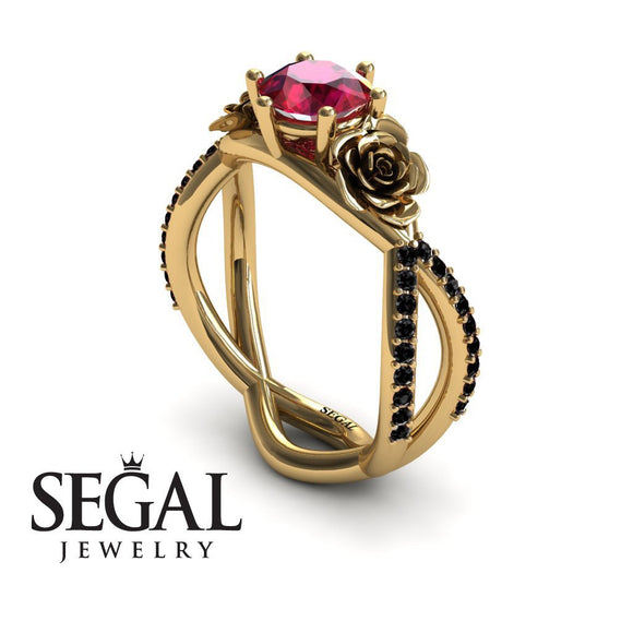 Engagement ring Rose 14K Yellow Gold Rose Flowers Vintage Elegant FiligreeRuby With Black Diamond 