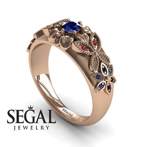 Flowers Engagement ring 14K Rose Gold Butterfly Flowers RingVintage Ring Edwardian FiligreeSapphire With Ruby And Sapphire 