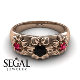 Flowers Engagement ring 14K Rose Gold Flowers RingAntique Victorian Black Diamond With Ruby 