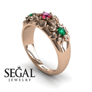Flowers Engagement ring 14K Rose Gold Flowers RingAntique Victorian Ruby With Green Emerald 