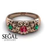 Flowers Engagement ring 14K Rose Gold Flowers RingAntique Victorian Ruby With Green Emerald 