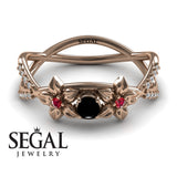 Flowers Engagement ring 14K Rose Gold Thin Elegant Flower RingVintage Elegant Black Diamond With Ruby 