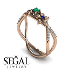 Flowers Engagement ring 14K Rose Gold Thin Elegant Flower RingVintage Elegant Green Emerald With Sapphire 