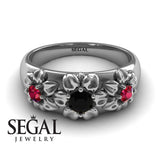 Flowers Engagement ring 14K White Gold Flowers RingAntique Victorian Black Diamond With Ruby 