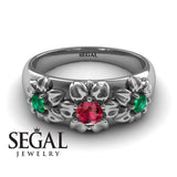 Flowers Engagement ring 14K White Gold Flowers RingAntique Victorian Ruby With Green Emerald 