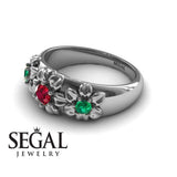 Flowers Engagement ring 14K White Gold Flowers RingAntique Victorian Ruby With Green Emerald 