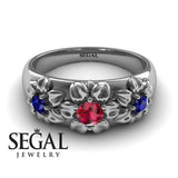 Flowers Engagement ring 14K White Gold Flowers RingAntique Victorian Ruby With Sapphire 