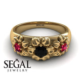 Flowers Engagement ring 14K Yellow Gold Flowers RingAntique Victorian Black Diamond With Ruby 