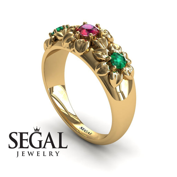 Flowers Engagement ring 14K Yellow Gold Flowers RingAntique Victorian Ruby With Green Emerald 