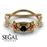 Flowers Engagement ring 14K Yellow Gold Thin Elegant Flower RingVintage Elegant Black Diamond With Ruby 