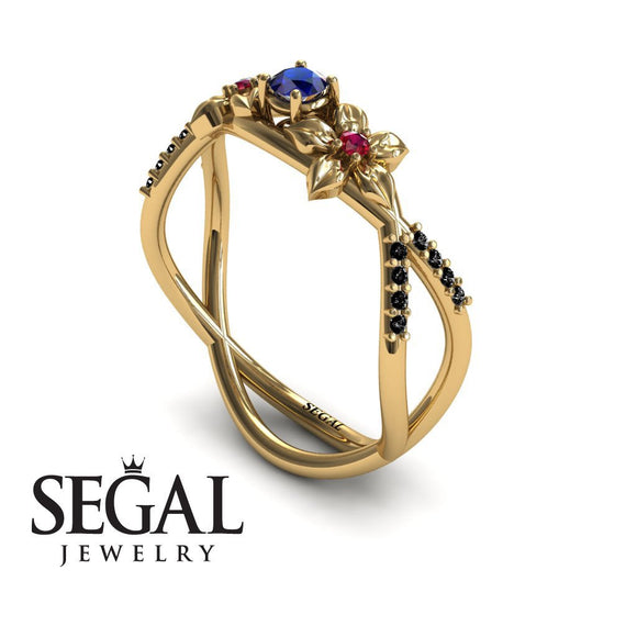 Flowers Engagement ring 14K Yellow Gold Thin Elegant Flower RingVintage Elegant Sapphire With Ruby 
