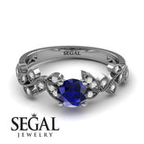Unique Engagement Ring 14K White Gold Vintage Sapphire With Diamond 
