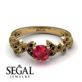 Unique Engagement Ring 14K Yellow Gold Vintage Ruby With Black Diamond 