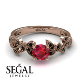 Unique Engagement Ring 14K Rose Gold Vintage Ruby With Black Diamond 