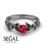 Unique Engagement Ring 14K White Gold Vintage Ruby With Black Diamond 