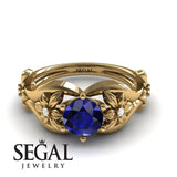Unique Engagement Ring 14K Yellow Gold Floral Flowers Antique Sapphire With Diamond 