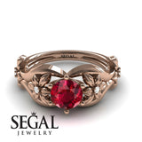 Unique Engagement Ring 14K Rose Gold Floral Flowers Antique Ruby With Diamond 