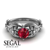 Unique Engagement Ring 14K White Gold Floral Flowers Antique Ruby With Diamond 