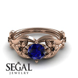 Unique Engagement Ring 14K Rose Gold Floral Flowers Antique Sapphire With Black Diamond 