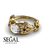 Unique Engagement Ring 14K Yellow Gold Floral Flowers Antique Diamond With Black Diamond 