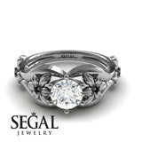 Unique Engagement Ring 14K White Gold Floral Flowers Antique Diamond With Black Diamond 