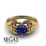 Engagement ring 14K Yellow Gold Flowers Art Deco Ring Vintage Sapphire With Diamond 