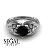 Engagement ring 14K White Gold Flowers Art Deco Ring Vintage Black Diamond With Diamond 