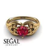 Engagement ring 14K Yellow Gold Flowers Art Deco Ring Vintage Ruby With Black Diamond 