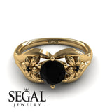 Engagement ring 14K Yellow Gold Flowers Art Deco Ring Vintage Black Diamond With Black Diamond 