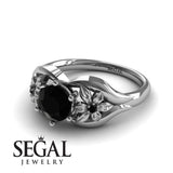 Engagement ring 14K White Gold Flowers Art Deco Ring Vintage Black Diamond With Black Diamond 