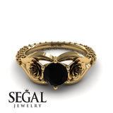 Unique Engagement Ring 14K Yellow Gold Flower Vintage Black Diamond 