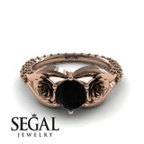 Unique Engagement Ring 14K Rose Gold Flower Vintage Black Diamond 