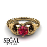 Unique Engagement Ring 14K Yellow Gold Flower Vintage Ruby 