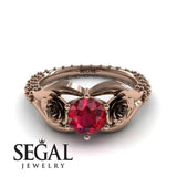 Unique Engagement Ring 14K Rose Gold Flower Vintage Ruby 