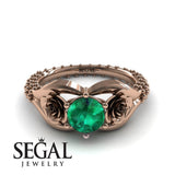 Unique Engagement Ring 14K Rose Gold Flower Vintage Green Emerald 
