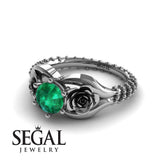 Unique Engagement Ring 14K White Gold Flower Vintage Green Emerald 