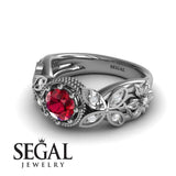 Unique Engagement Ring 14K White Gold Butterfly And Flowers Vintage Ruby With Diamond 