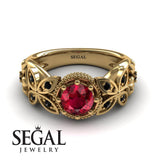 Unique Engagement Ring 14K Yellow Gold Butterfly And Flowers Vintage Ruby With Black Diamond 