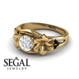 Unique Engagement Ring Diamond ring 14K Yellow Gold Floral Flowers Vintage Antique Diamond With Black Diamond 